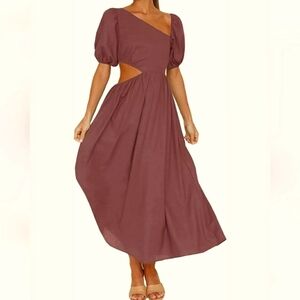 BTFBM Puff Sleeve Asymmetrical Neck High Waist Cutout Swing Maxi Dress Plum SZ S